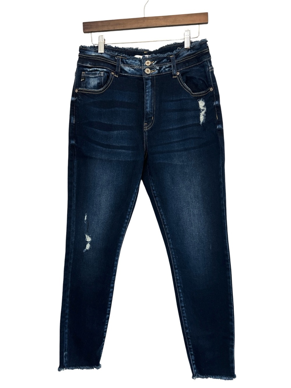 KanCan Jeans Dark Wash High Rise Ankle Skinny Distressed Frayed Hem Sz  13/30